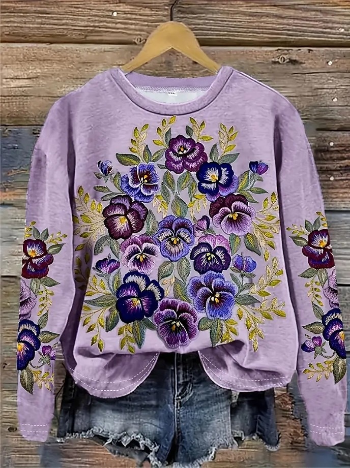 Femmes Sweatshirt Pull Fleuri Graphique Chaud Actif ancien manche longue Col ras du cou Hauts Réguliers Rue Tenue Quotidienne Occasionnel Imprimé Violet Fuchsia Orange Parme Beige Printemps Automne de 2025 ? $24.99 –P1