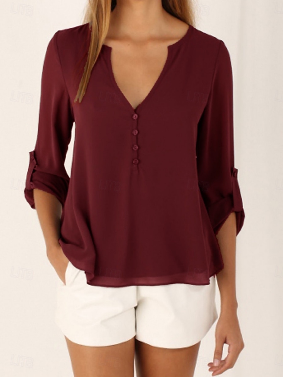 Damen Hemd Einfarbig Stilvoll Lässig Langarm V Ausschnitt Normale Oberteile Täglich Knöpfe Schwarz Wein Königsblau Braun Sommer Frühling 2025 - $21.99 –P6