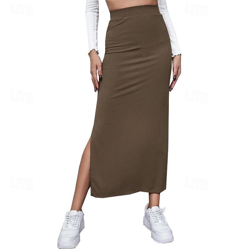 Dames Rok Casual Maxi Medium taille Rokken Effen Gespleten punten Micro-elastisch Vakantie Straat Zwart Rood Licht Bruin Bruin Zomer Polyester 2025 - $17.99 –P2