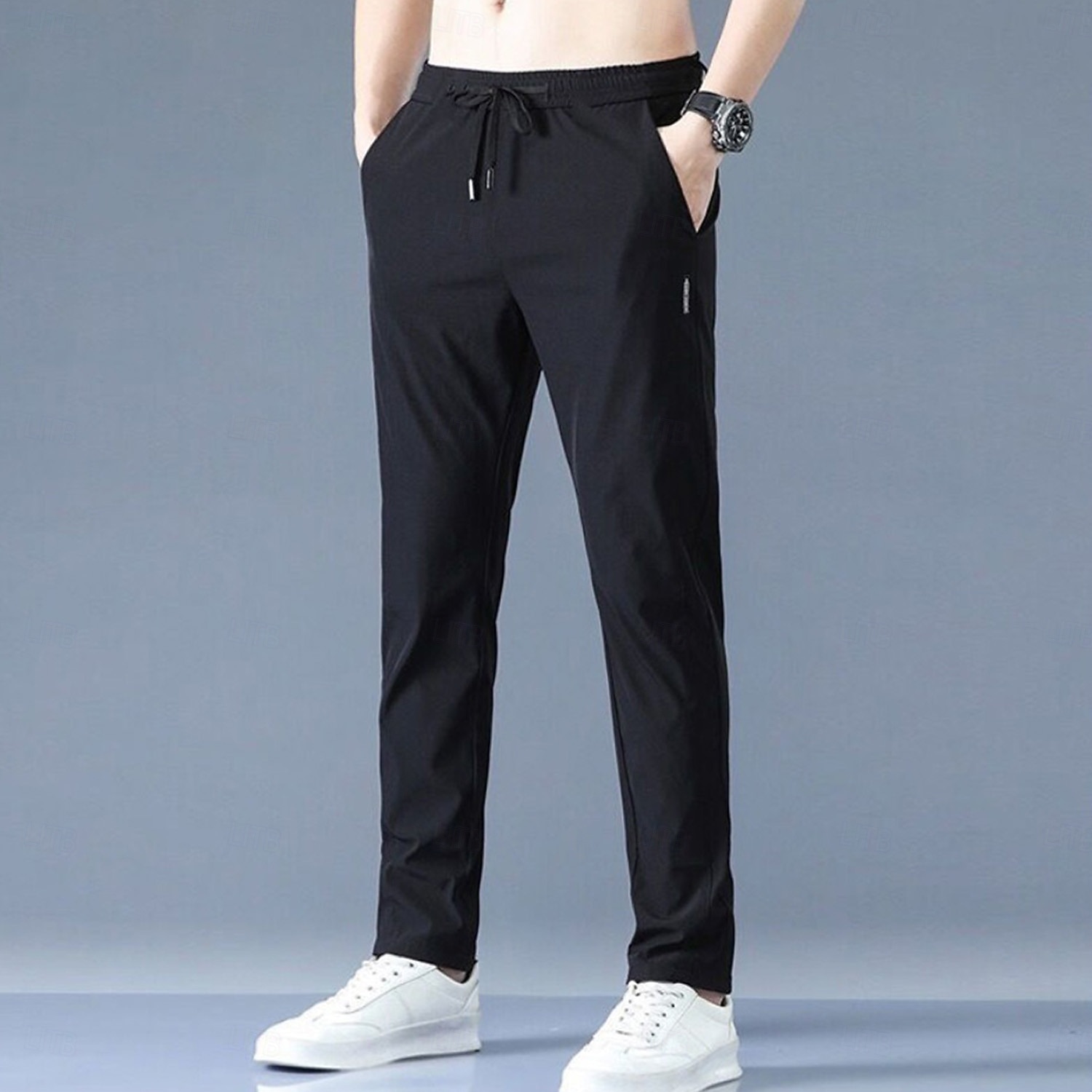 Men's Trousers Casual Pants Drawstring Elastic Waist Solid Color Quick ...