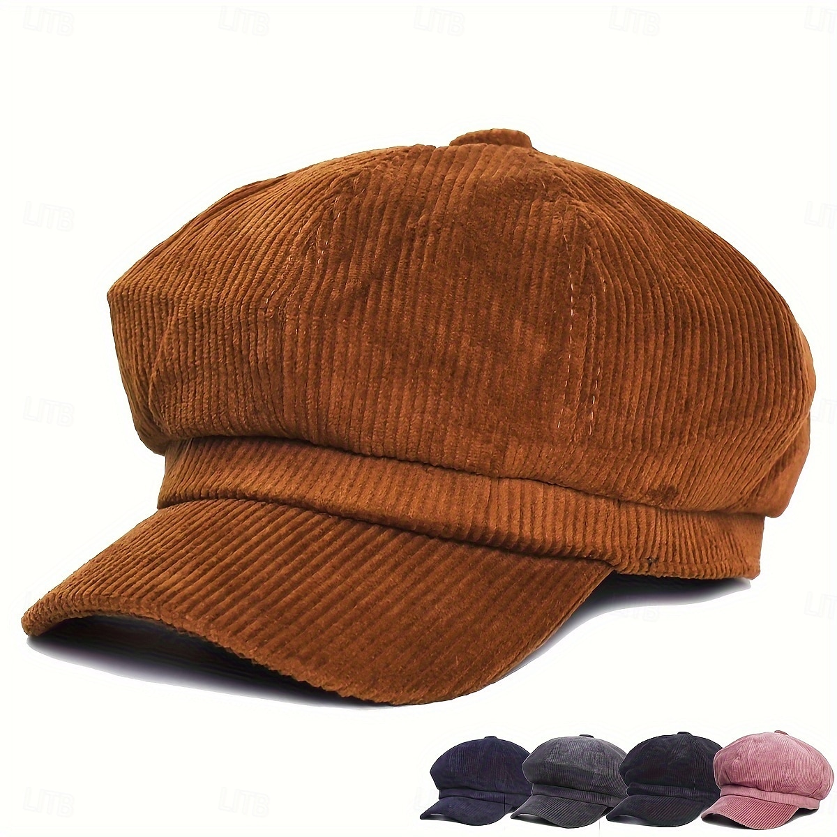 șapcă vintage de damă din catifea reiată - beretă octogonală maro cafea, croială elastică neelastică, pliabilă &lavabil manual pentru ținute casual de toamnă-iarnă 2025 - $26.99 –P2