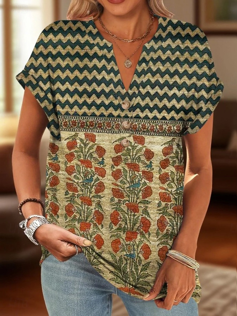Femmes Chemise en coton Fleuri Graphique ancien Tropical Élégant Manche Courte Col en V Hauts Réguliers Quotidien Imprimé Noir Jaune Rouge Bleu Vert Été Printemps de 2025 ? $24.99 –P3
