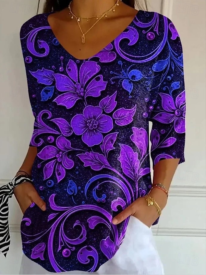 Pentru femei Bluză Floral Grafic Epocă Tropical Stilat Lungime Manșon 3/4 În V Topuri obișnuite Zilnic Negru Mov Deschis Mov Fucsia Vară Primăvară Toamnă 2025 - $25.99 –P2