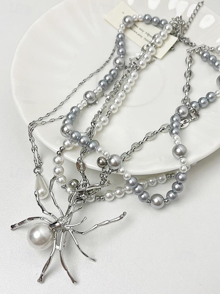 Halloween-Spinnenhalskette für Damen – Gothic-Punk-Design aus Legierung und Kunstperlen mit Stacheln und Ketten, auffälliger Modeschmuck für Partys, Cosplay und gruselige Abende 2025 - $11.99 –P9