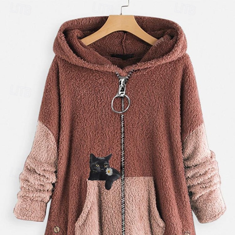 Mujer Chaqueta con capucha Mantiene abrigado Cómodo Retazos Cremallera Casual Gato Exterior Vacaciones Cremallera Largo Con Capucha Ajuste regular Manga Larga Ropa de calle Negro Rojo Verde Ejército 2025 - $25.99 –P8