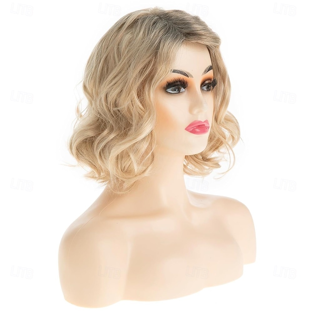 Peruca curta loira ondulada para mulheres, peruca sintética com parte lateral para cosplay de Halloween de 2025 por $23.99 –P3