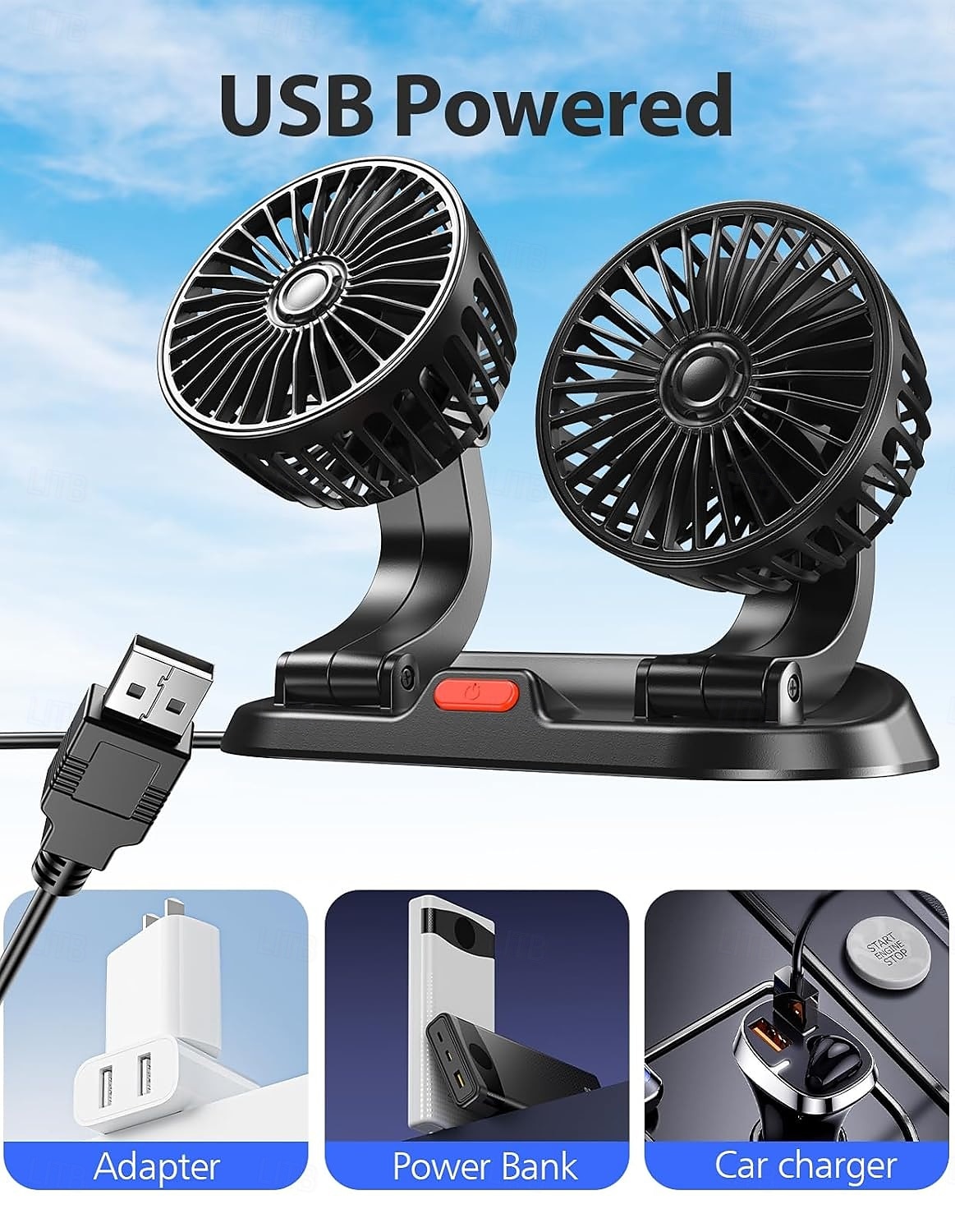 Ventilátor do auta s dvojitou hlavicí, USB ventilátor do auta - bezkartáčový motor (modernizovaný z roku 2025), ventilátory do auta, které foukají studený vzduch - 3 rychlosti, 360° rotace, pro 2025 - $15.99 –P2