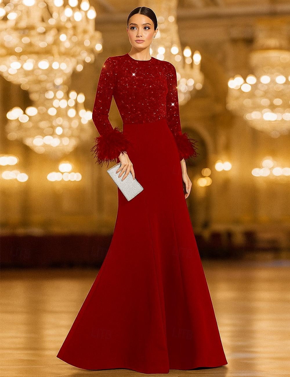 Red Black Tie Sequin Mermaid Evening Gown Elegant Dress Formal Wedding Floor Length Long Sleeve Crew Neck Stretch Crepe with Feather 2025 - $142.99 –P4
