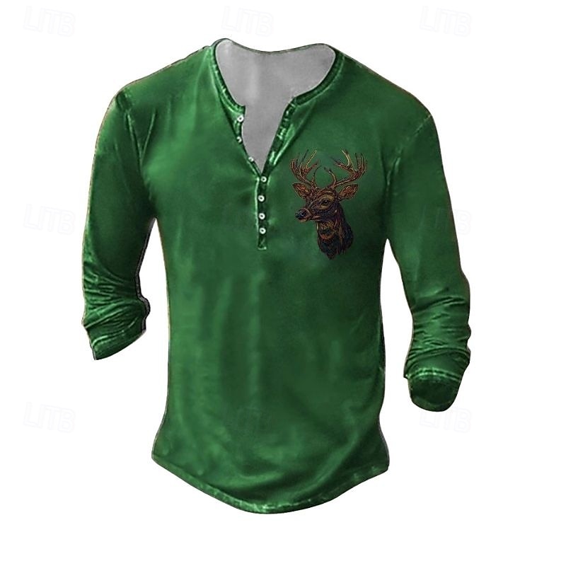 Men's Henley Shirt Tee Tee Top Long Sleeve Shirt Long Sleeve Henley Summer Fall Pattern Deer Fashion Designer Fashion Vintage Vacation Street Going out Dark Grey Black White Top Tee for Men 2026 - $24.99 –P5