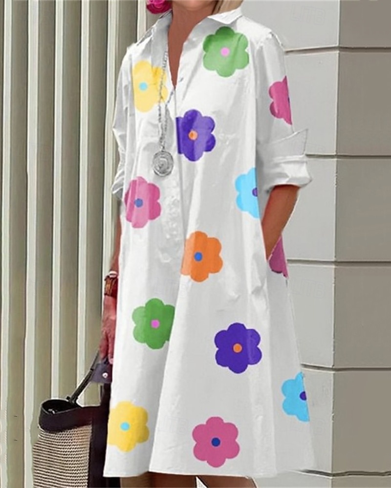 Femmes Robe Midi Robe Chemise Robe Décontractée Mode Moderne Quotidien Plage Week-end Coupe régulière Fleur manche longue Col de chemise Blanche Jaune Rose Claire bleu marine Printemps Automne de 2025 ? $24.99 –P4