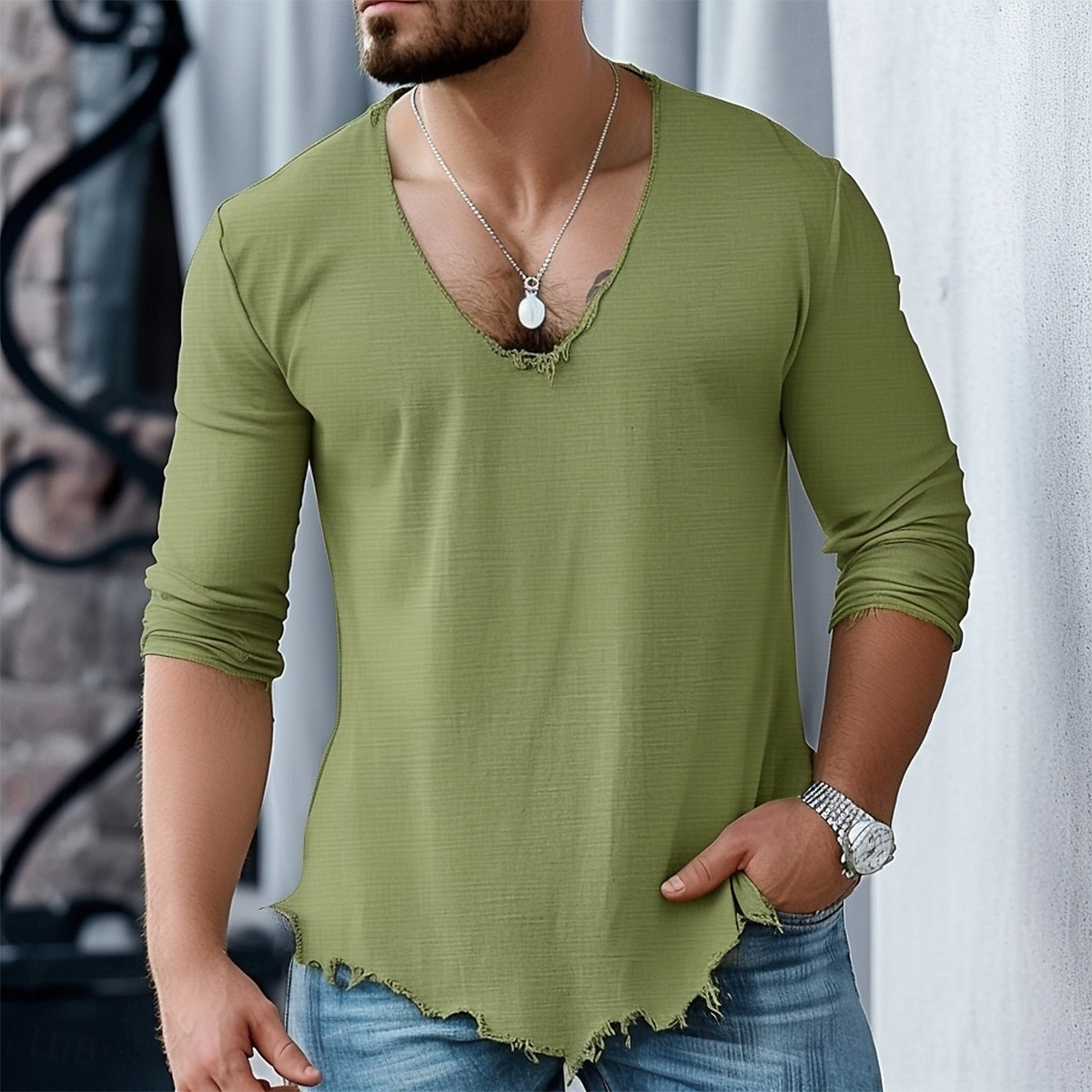 Herren Baumwoll-Leinen-Hemd T-Shirt Langarmshirt Langarm V Ausschnitt Sommer Frühling Einfarbig Täglich Lässig Trendy V-Ausschnitt Outdoor Straße Lässig Weiß Rosa Blau Top T-Shirt für Herren 2025 - $20.99 –P1