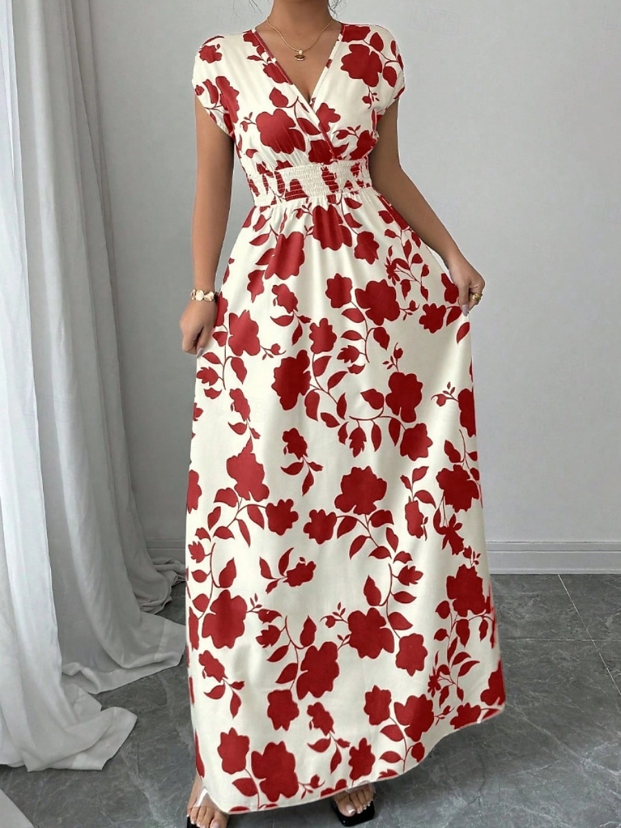 Damskie Sukienka maxi Sukienka A line Urlop Codzienny Boho Na zewnątrz Wyjściowe Luźny / a Kwiaty Krótki rękaw W serek Czarny Czerwony Niebieski Pomarańczowy Lato 2025 - $24.99 –P13