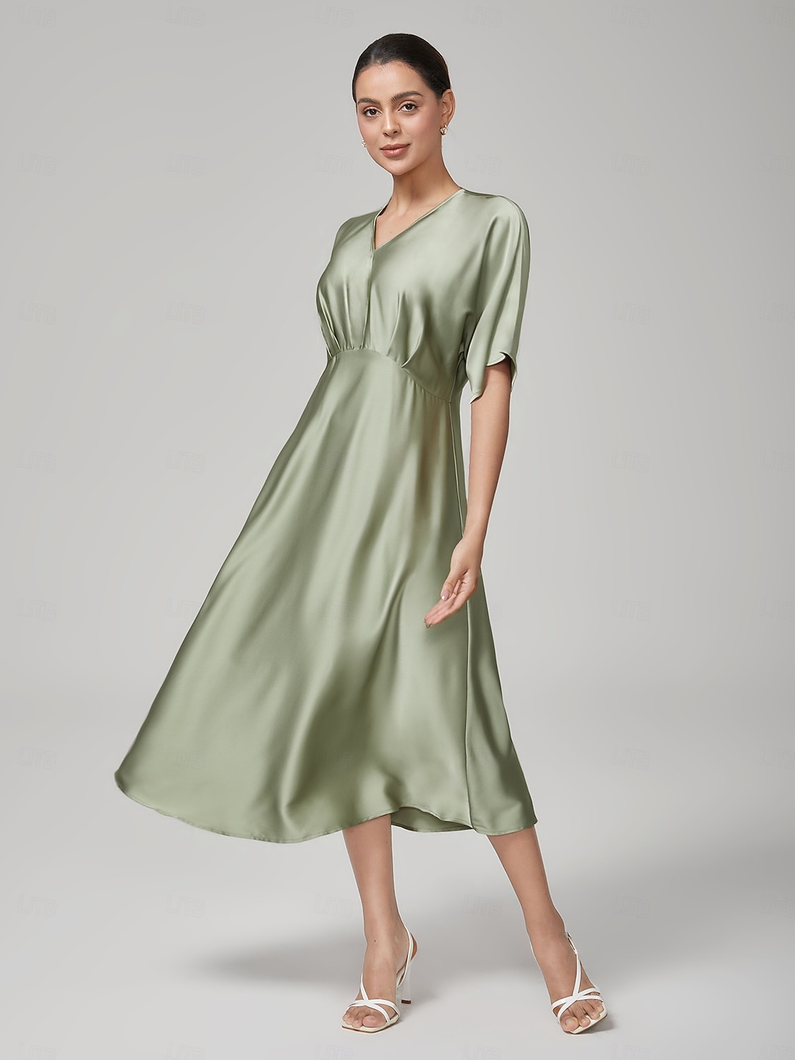 Femminile Vestito Casual Abito Midi Verde Manica Corta Maniche Corte Semplice Estate Primavera Interstagionale Scollo a V Elegante Moderno XS S M del 2025 a $74.99 –P3