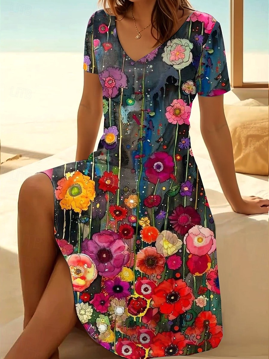 Damen Minikleid T-Shirt-Kleid Sommerkleid A Linie Kleid Urlaub Lässig Boho Ausgehen Strand Normale Passform Blumen Grafik Kurzarm V Ausschnitt Schwarz Hellgrün Blau Grün Sommer Frühling 2025 - $23.99 –P4