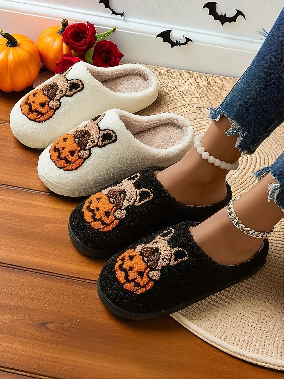 damskie kapcie polarowe na Halloween z motywem buldoga francuskiego i dyni - wygodne pluszowe kapcie domowe dla kobiet i nastolatek, idealne na jesień, jako prezent świąteczny i do wygodnego 2025 - $14.99 –P1