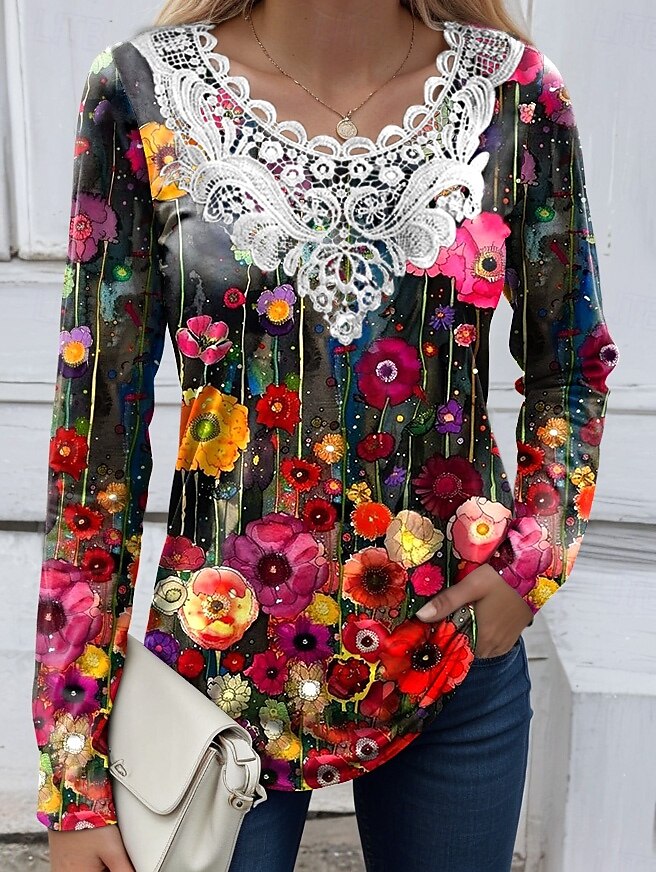 Femmes Chemisier Fleuri Graphique Plantes ancien Mode Élégant manche longue Col ras du cou Hauts Réguliers Quotidien Sortir Week-end Dentelle Patchwork Imprimé Noir Rouge Bleu Ciel Bleu Poudré Vert de 2025 ? $23.99 –P1