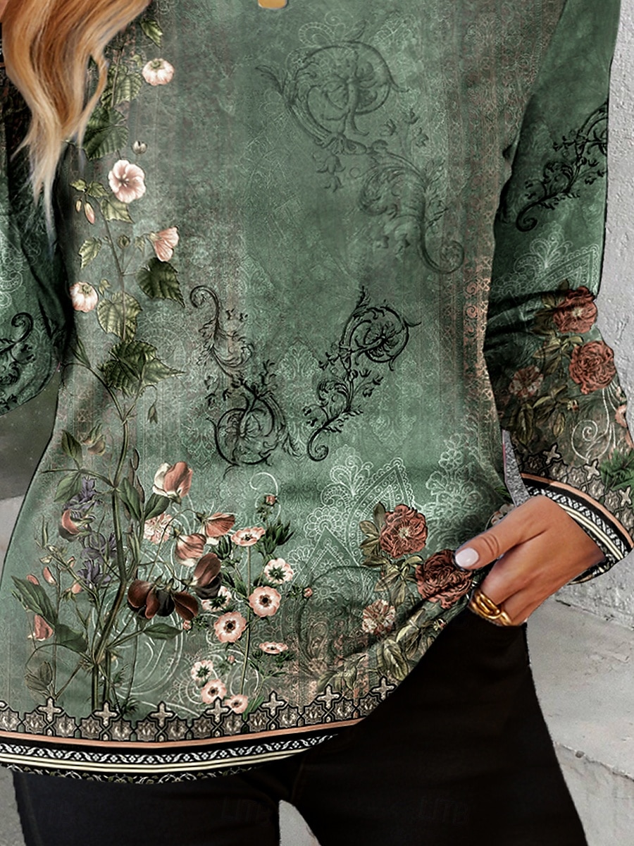 Women's T shirt Long Sleeve Crew Neck Long Sleeve Tunic Ombre Floral Graphic Vintage Stylish Classic Round Neck Regular Tops Daily Print Sage Green Fall Prefall 2026 - $24.99 –P3