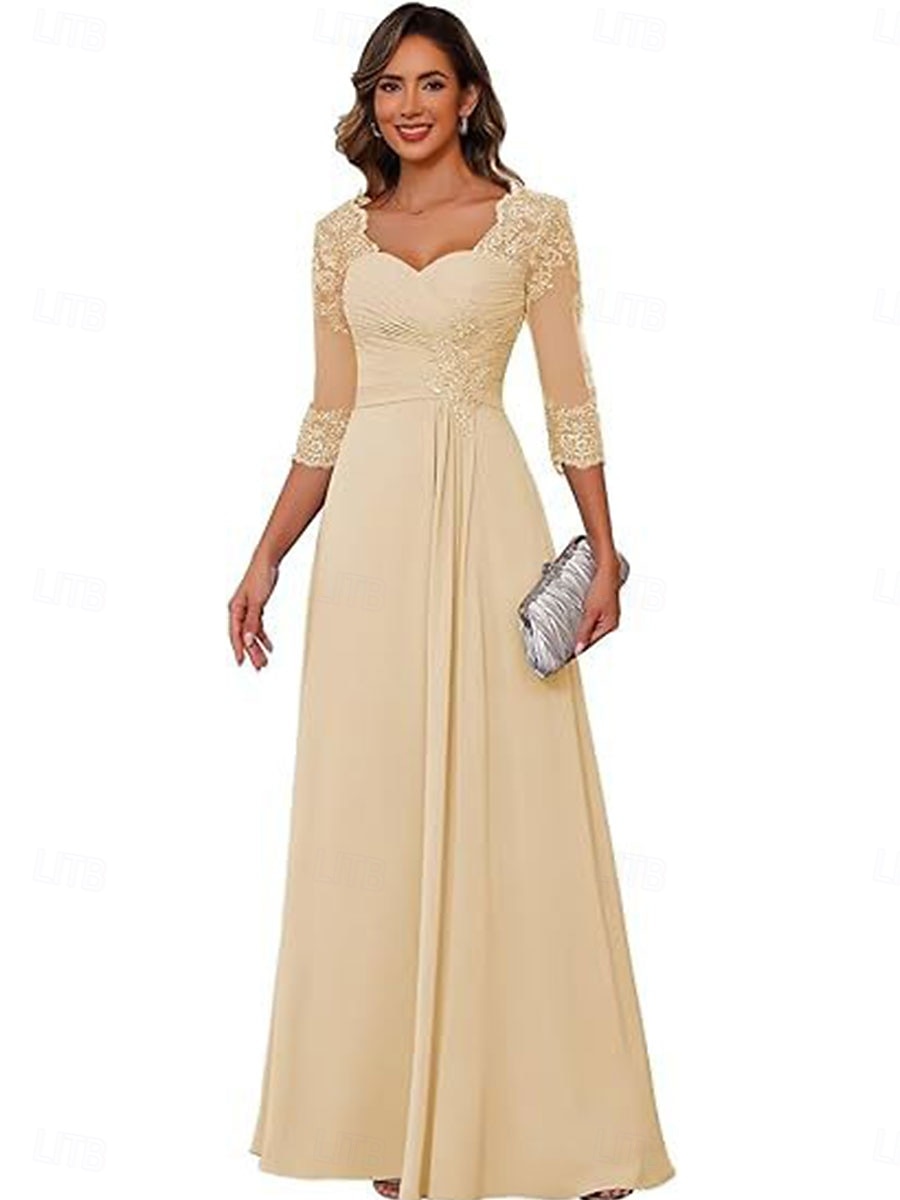A-linje Kjole til brudens mor Elegant Enkel V-hals Gulvlengde Chiffon 3/4 ermer med Ensfarget 2025 2025 - $119.99 –P16