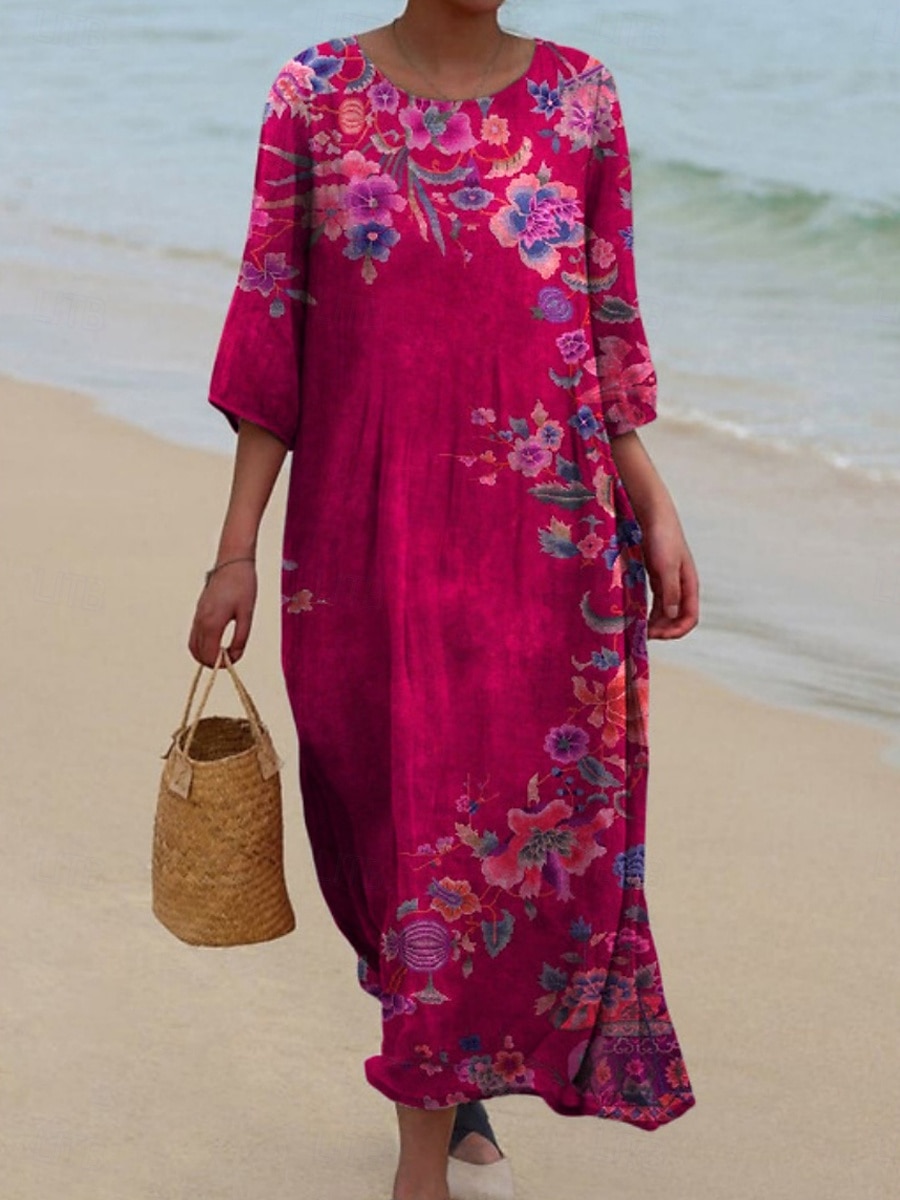 Dame Midikjole Uformell kjole Print kjole Årgang afrikansk Daglig Strand Helg Normal Blomstret 3/4 ermer Crew-hals Rosa Rød Fuksia Grønn Sommer Vår Høst 2025 - $31.99 –P2