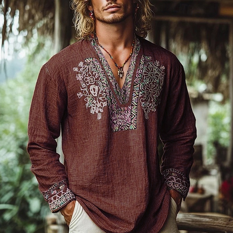Men's Popover Shirt Summer Shirt Beach Wear Vintage Shirt Ethnic Shirt Floral Vacation Holiday Yellow Blue Orange Brown Long Sleeve V Neck Summer Spring Clothing Apparel 2025 - $23.99 –P4
