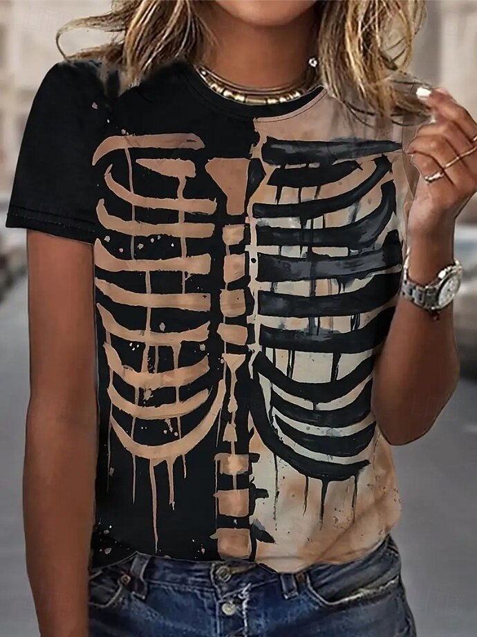 Camiseta Feminina de Halloween Gráfica Abóbora Floral Estampa de Caveira Vintage Estilosa Clássica Manga Curta Gola Redonda Tamanhos Regulares Impressão Diária Fim de Semana Preto Branco Vermelho de 2026 por $22.99 –P7