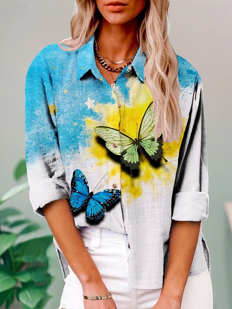 Per donna Camicia Floreale Farfalla Attivo Quotidiano Elegante Manica Lunga Colletto a Camicia Top Regolari Quotidiano Ferie Bottoni Stampato Bianco Giallo Blu Viola Verde Estate Primavera Autunno del 2025 a $29.99 –P2
