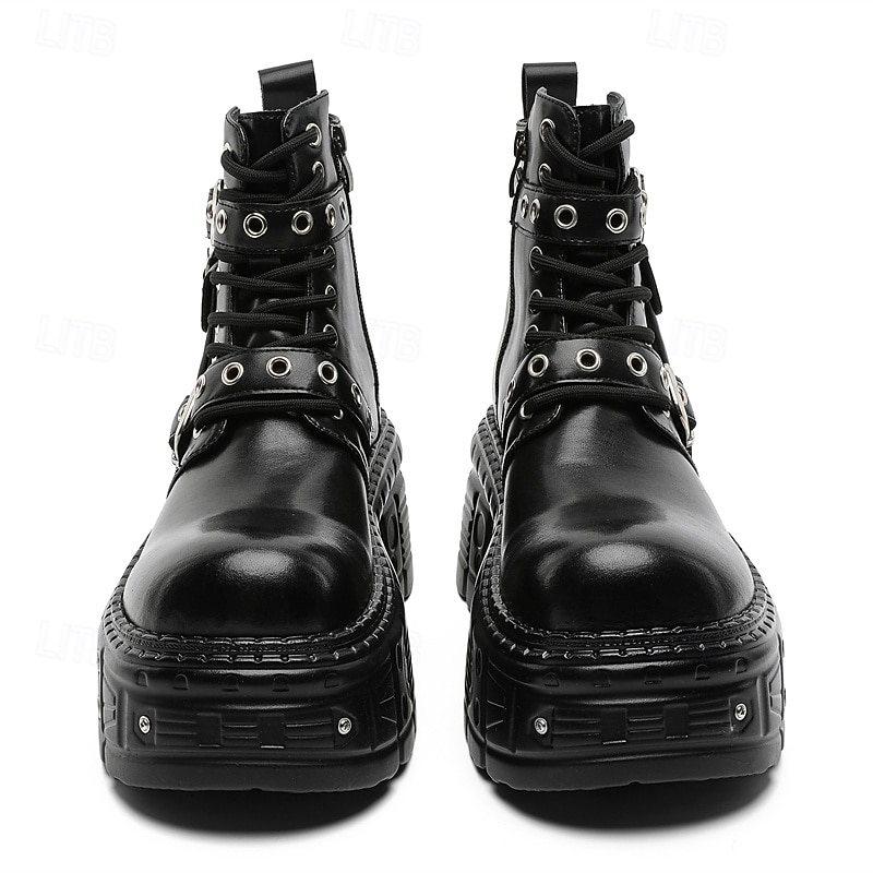 stivali da combattimento con fibbia a rivetto nera da uomo – stivaletti allacciati con plateau gotico per concerti, stile motociclista ed eventi punk del 2026 a $99.99 –P9