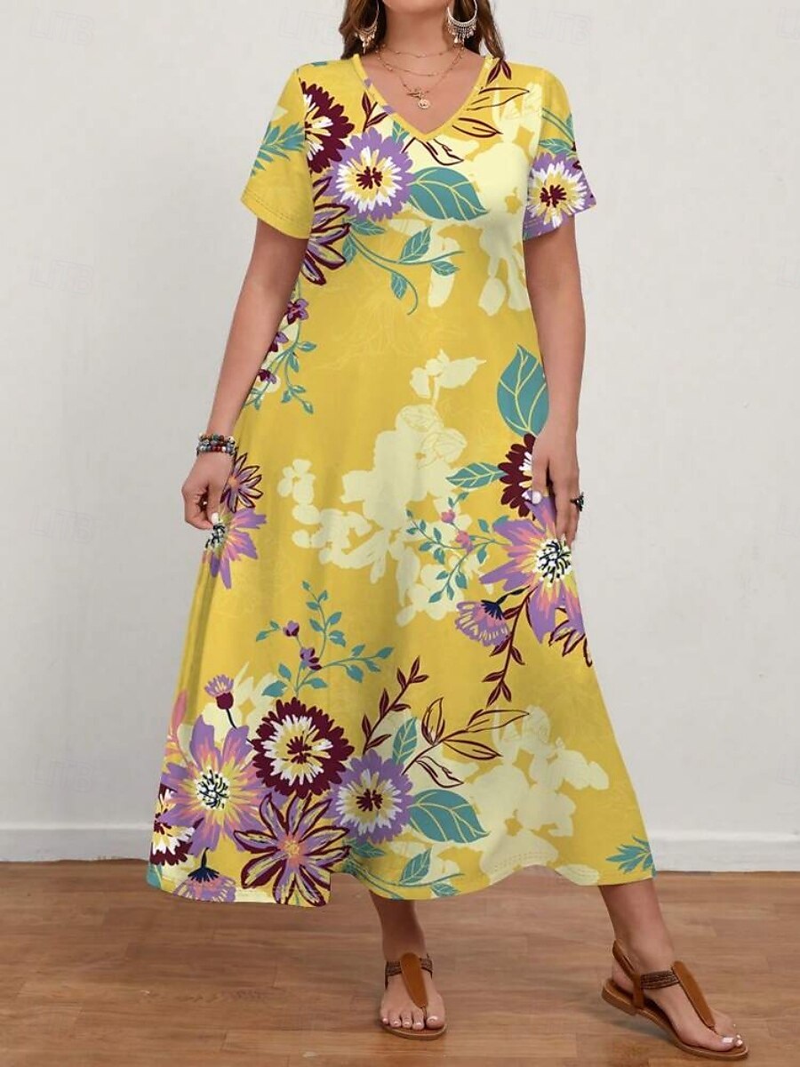 Damen Übergröße Freizeitkleid Ombre V Ausschnitt Kurzarm Sommer Frühling Mode Modern Lässig Maxikleid Ferien Wochenende Kleid 2025 - $28.99 –P5