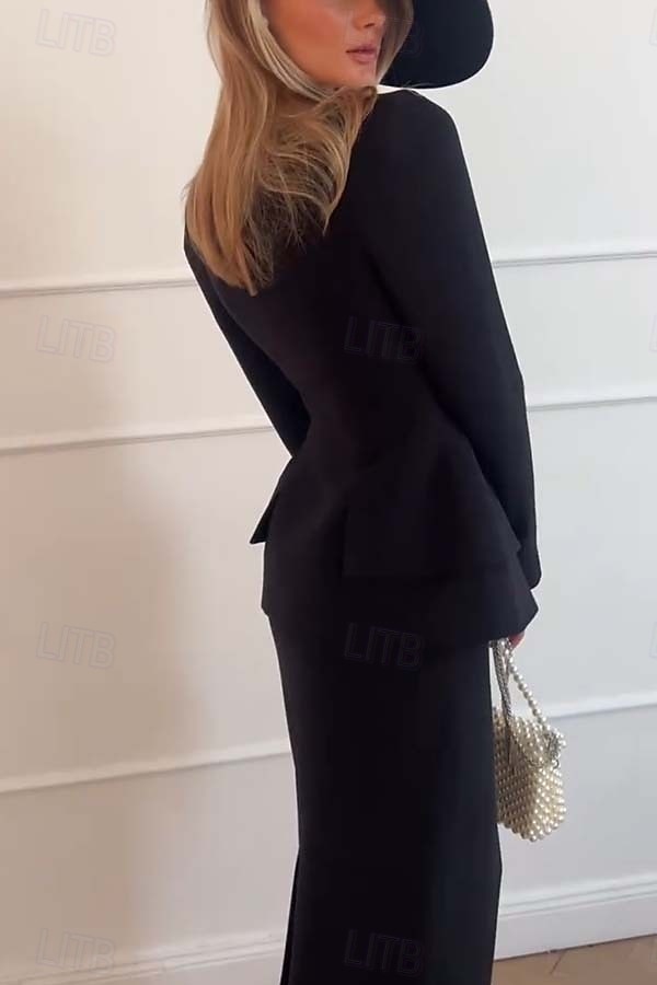 Haut de costume pour femme, haut péplum en crêpe extensible, élégant, simple, col carré, manches longues, avec boutons, couleur unie, 2025 de 2025 ? $75.99 –P2