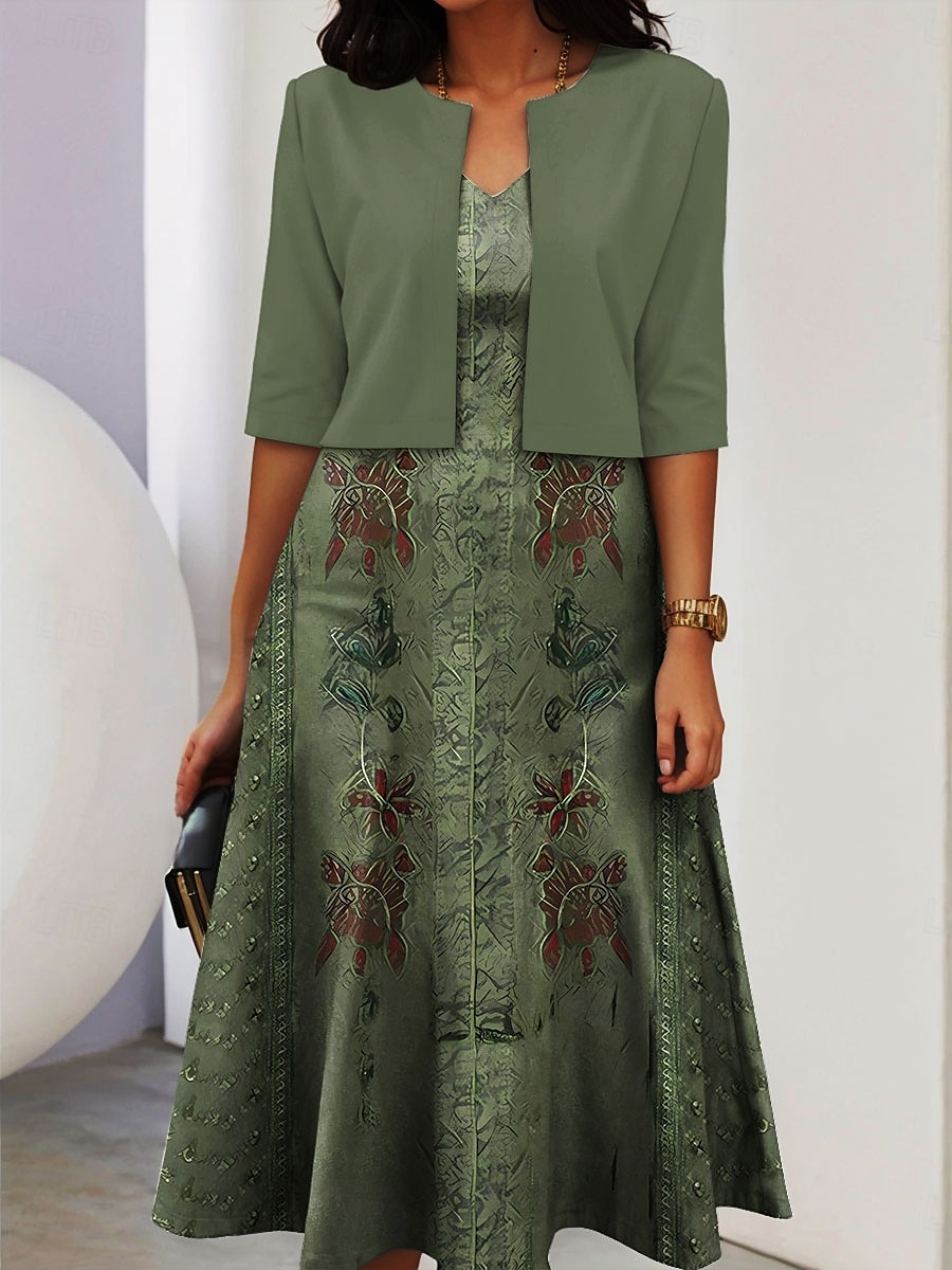 Ensemble de robes pour femmes en deux pièces robe midi avec veste élégante robe en A manches mi-longues robe décontractée semi-formelle imprimé graphique ombragé encolure en V rendez-vous noire rose de 2025 ? $36.99 –P4