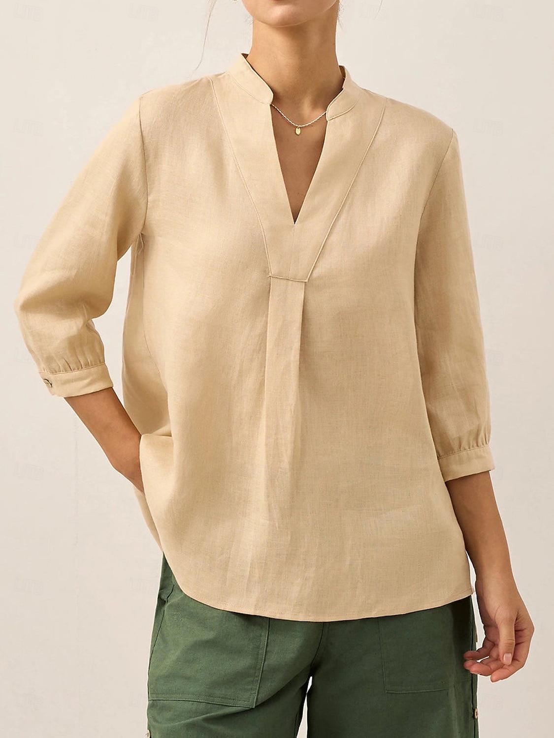 Dame Bluse Helfarge Elegant Fritid Langermet V-hals Vanlige topper Daglig Ferie Knapper Hvit Rosa Blå Kakifarget Vår Høst 2025 - $26.99 –P5