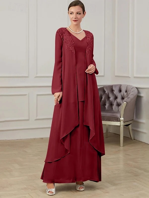 Rochie A-Line pentru Mama Miresei Rochie Formală Invitată la Nuntă Lungime până la Podea Mâneci Lungi Decolteu în V Chiffon cu Volane Aplicații 2025 - $139.99 –P3