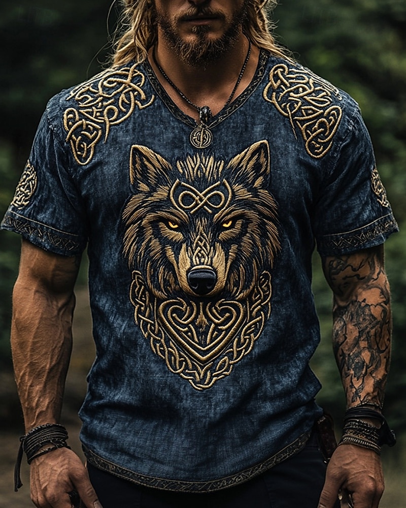 Męskie Podkoszulek Koszulki Koszulka z krótkim rękawkiem Koszulka Krótki rękaw W serek Lato Wilk Wiking Zabytkowe Designerskie Styl etniczny Nadruk Urlop Ulica Wyjściowe Niebieski Czarny Ciemnoszary 2026 - $19.49 –P3