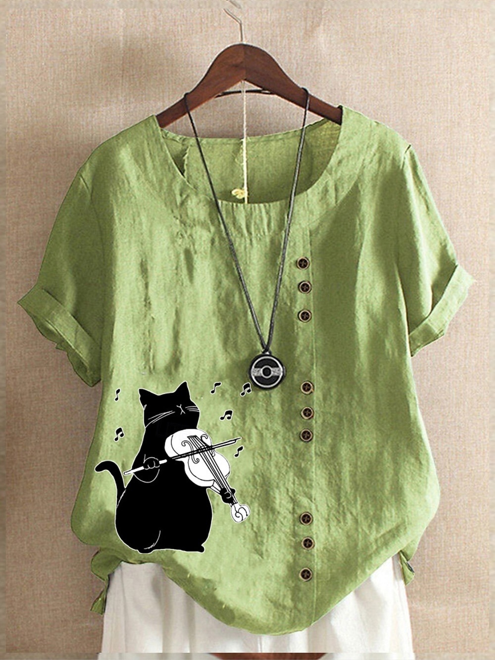 Pentru femei Cămăși Bumbac In Animal Pisica Elegant Epocă Tropical Fără manșon Manșon scurt Stil Nautic Topuri obișnuite Zilnic Concediu Îmbrăcăminte de vacanță Nasturi Verde Crud Alb Galben Roz 2025 - $22.99 –P1