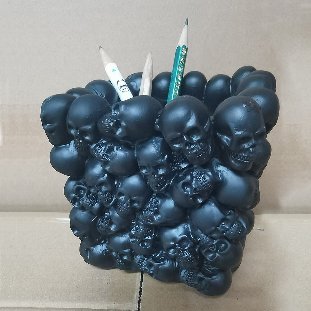 Halloween Skull Ornament Square Skeleton Head Pen Holder Desktop Organizer Resin Mini Flower Pot Gothic Style Decorative Home Accessory for Office or Study Desk Display 2025 - $19.49 –P7