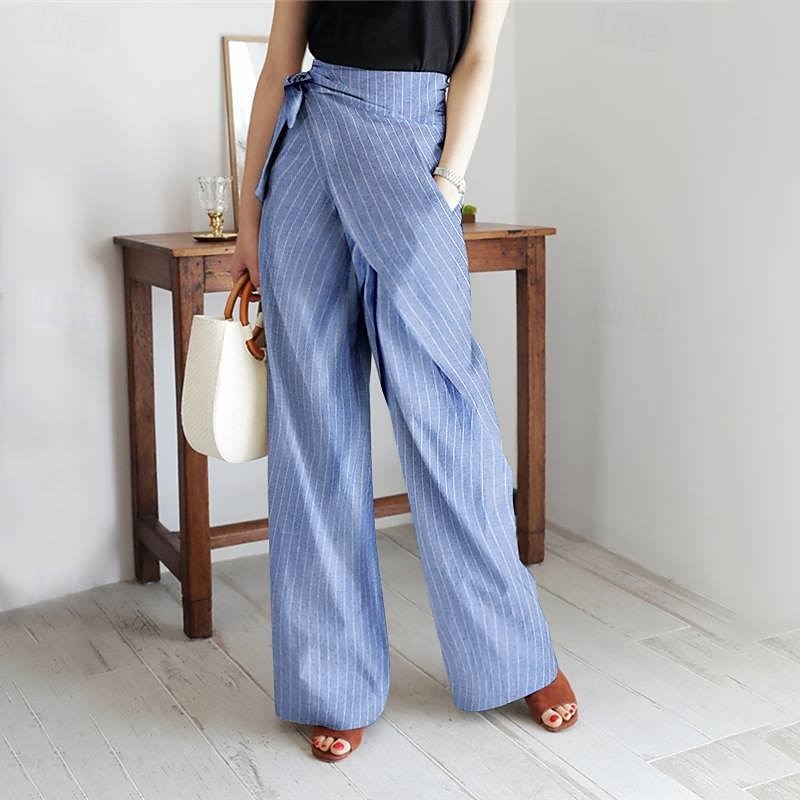 Damen Weites Bein Anzughose Hosen Hose Mode Streetwear Volle Länge Hohe Taille Gestreift Kordelzug Atmungsaktivität Bequem Straße Alltagskleidung Ausgehen Blau Weiß Dunkelgray Frühling Herbst Normale 2026 - $24.99 –P7