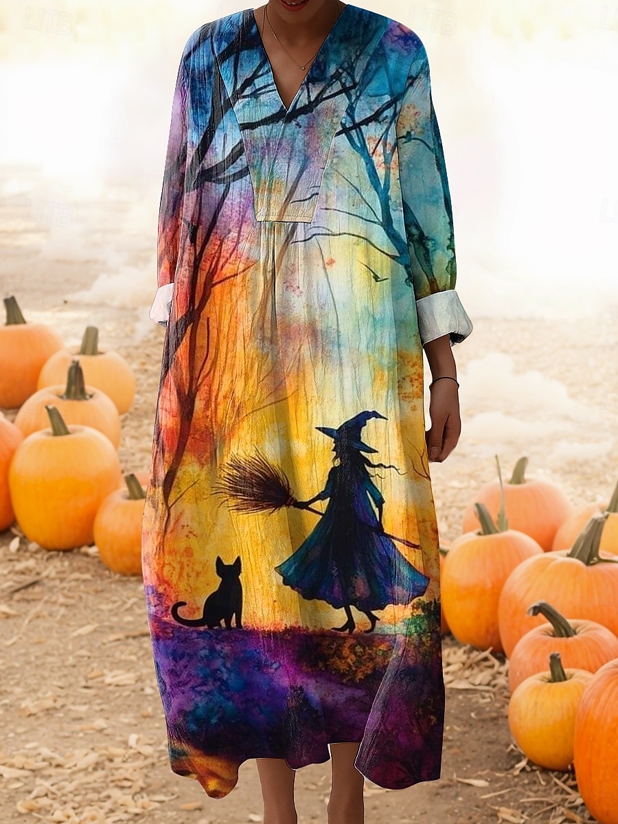 Halloween Damen Midi Kleid V-Ausschnitt Lange Ärmel Kaftan Leicht Lockerer Schnitt A-Linien Kleid Lässig Ausgehen Grafisch Lange Ärmel V-Ausschnitt Gelb Orange Grün Regenbogen Herbst 2025 - $33.99 –P1