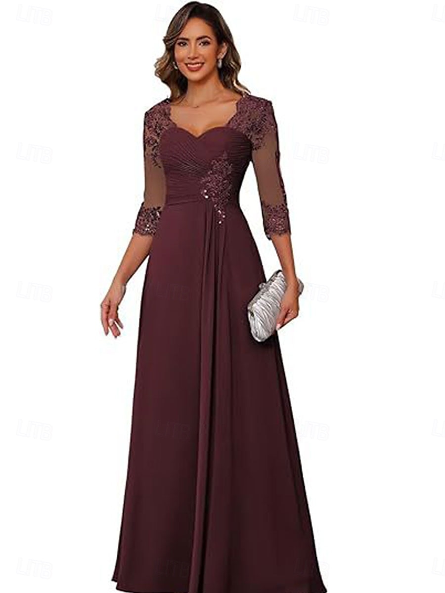 A-linje Kjole til brudens mor Elegant Enkel V-hals Gulvlengde Chiffon 3/4 ermer med Ensfarget 2025 2025 - $119.99 –P6