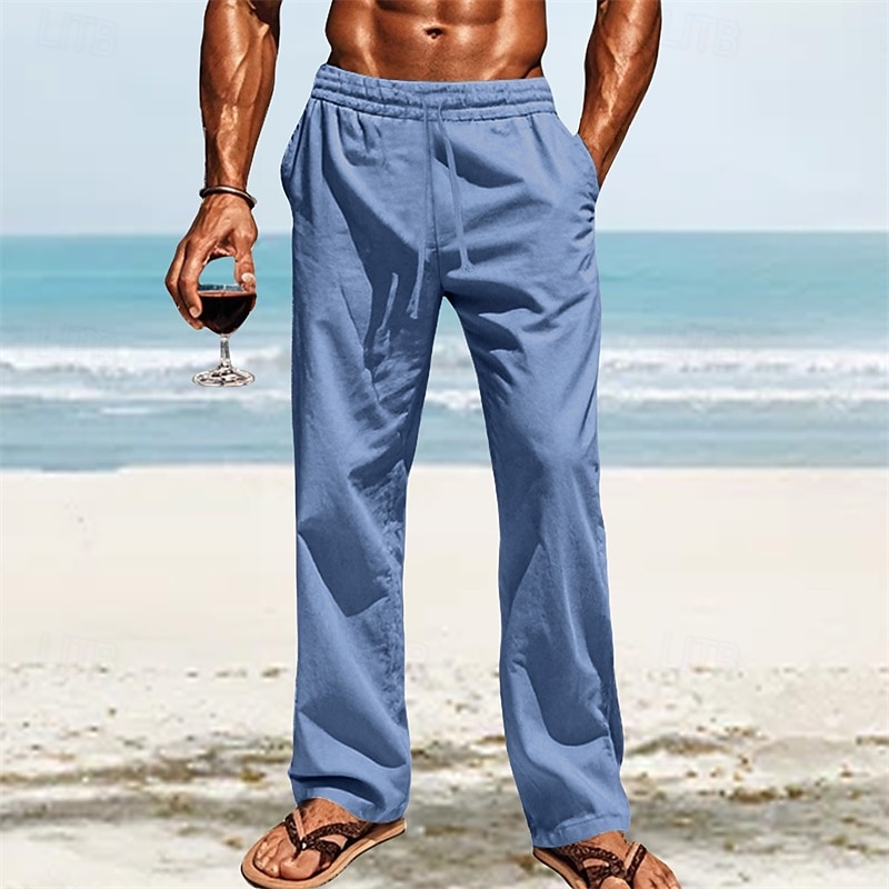 Men's Linen Pants Trousers Summer Pants Beach Pants Pocket Elastic Waist Drawstring Plain Comfort Breathable Vacation Daily Holiday Hawaiian Boho White Dark Red 2025 - $18.99 –P20