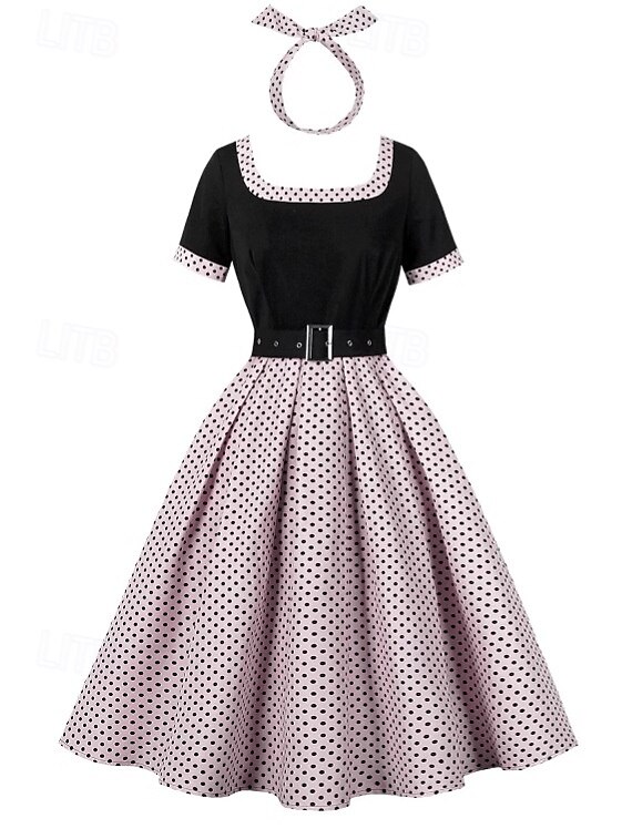 Retro 50. léta Rockabilly Polední Houpací šaty Flare šaty S páskem S kapsami Puntíky Dámské Plesová maškaráda Dovolená Ležérní Retro tematická párty Dospělé Šaty Čelenka Jaro léto 2025 - $34.99 –P14