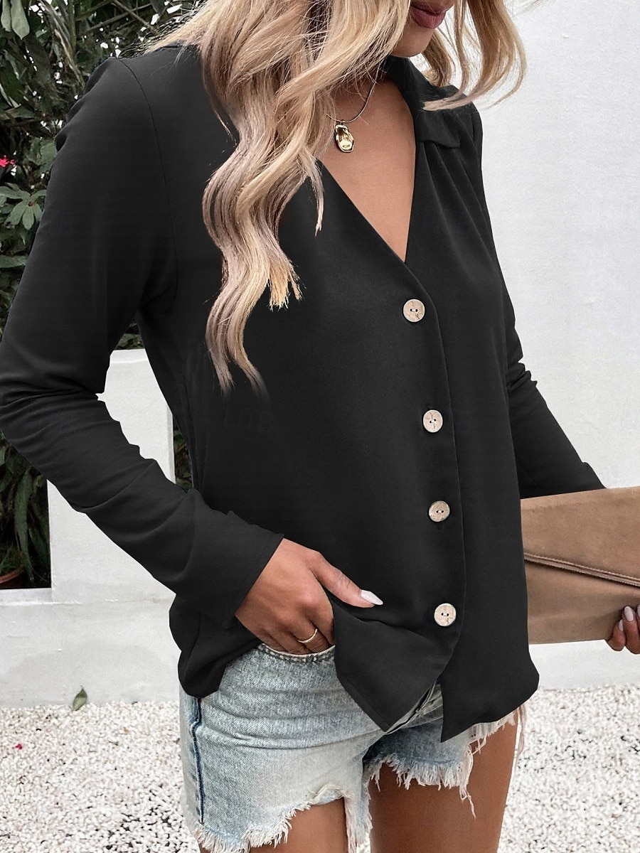 Camicia da donna con bottoni blusa unicolore elegante casual a maniche lunghe scollata a V colletto regolare eleganti quotidiani stampa nera bianca blu fucsia estate primavera del 2025 a $21.99 –P6