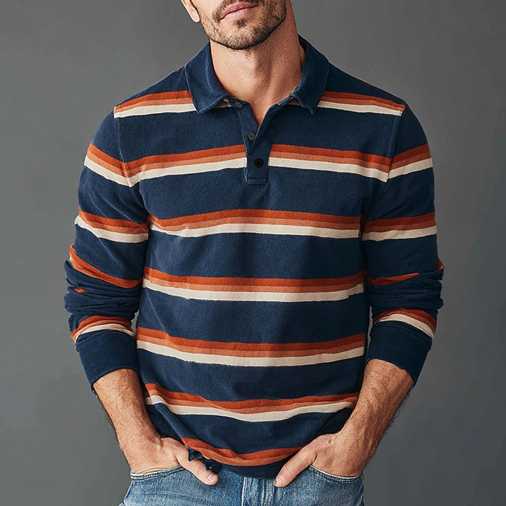 Homme Rayures horizontales Polo de rugby manche longue Polos Chemises à Col Vêtements de sport Occasionnel École Extérieur Athleisure Impression 3D Printemps Automne Hiver Jaune Bleu Violet de 2025 ? $25.99 –P1