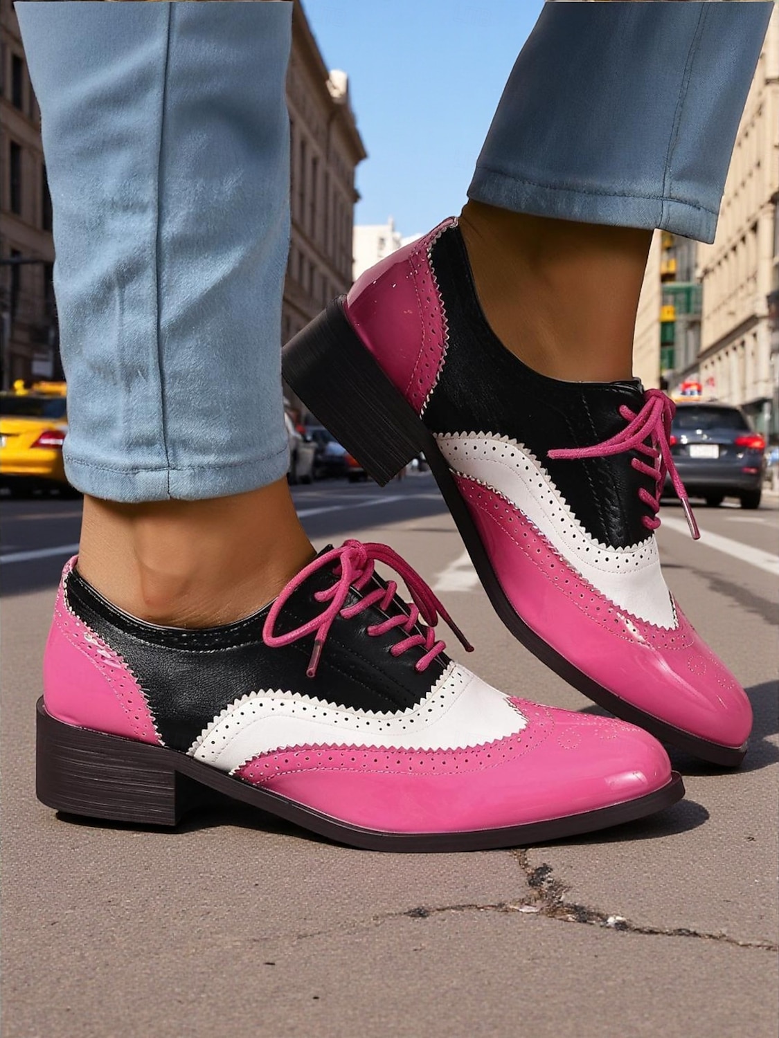 Richelieus Oxford en cuir verni jaune pour femme – Chaussures habillées à lacets et bout golf colorblock, style vintage britannique des années 1950 pour le bureau, l'école et le streetwear de 2025 ? $42.99 –P9