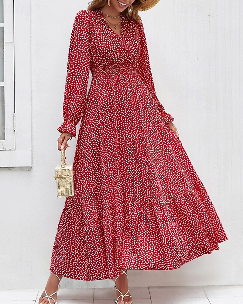 Damen Langes Kleid Maxikleid Freizeitkleid Druckkleid Mode Modern Täglich Strand Wochenende Normale Passform Blume Langarm V Ausschnitt Schwarz Rote Blau Grün Sommer Frühling Herbst 2025 - $23.99 –P11