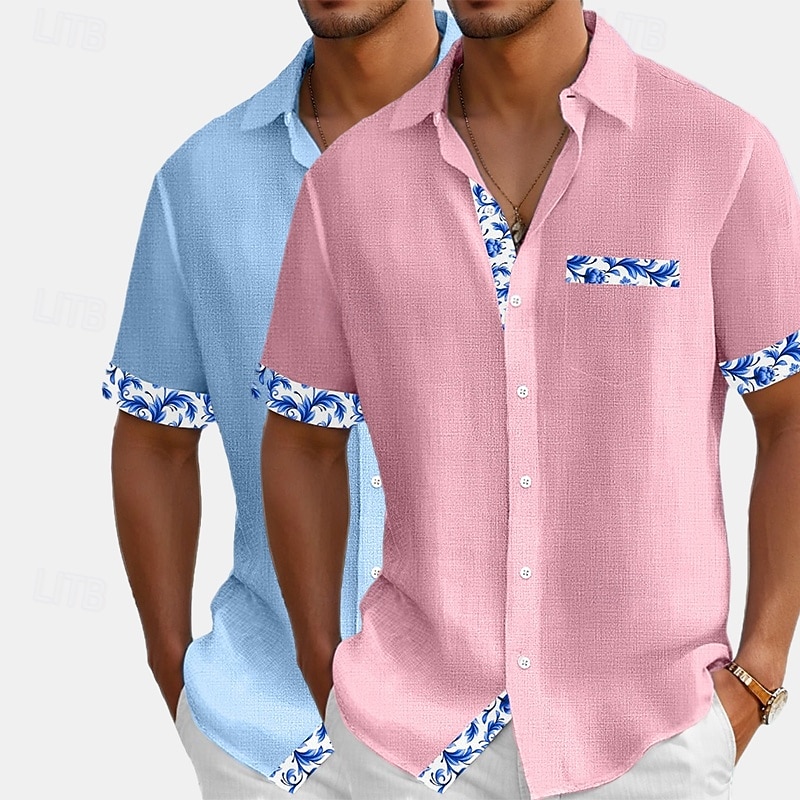 Hombre Camisa Camisa de lino Camisa de verano Camisa de playa Abotonar la camisa Flores Vacaciones Festivos Blanco + Rosa Blanco+Azul Marino Rosa + Azul Marino Azul+Azul Marino Manga Corta Cuello 2025 - $27.99 –P5