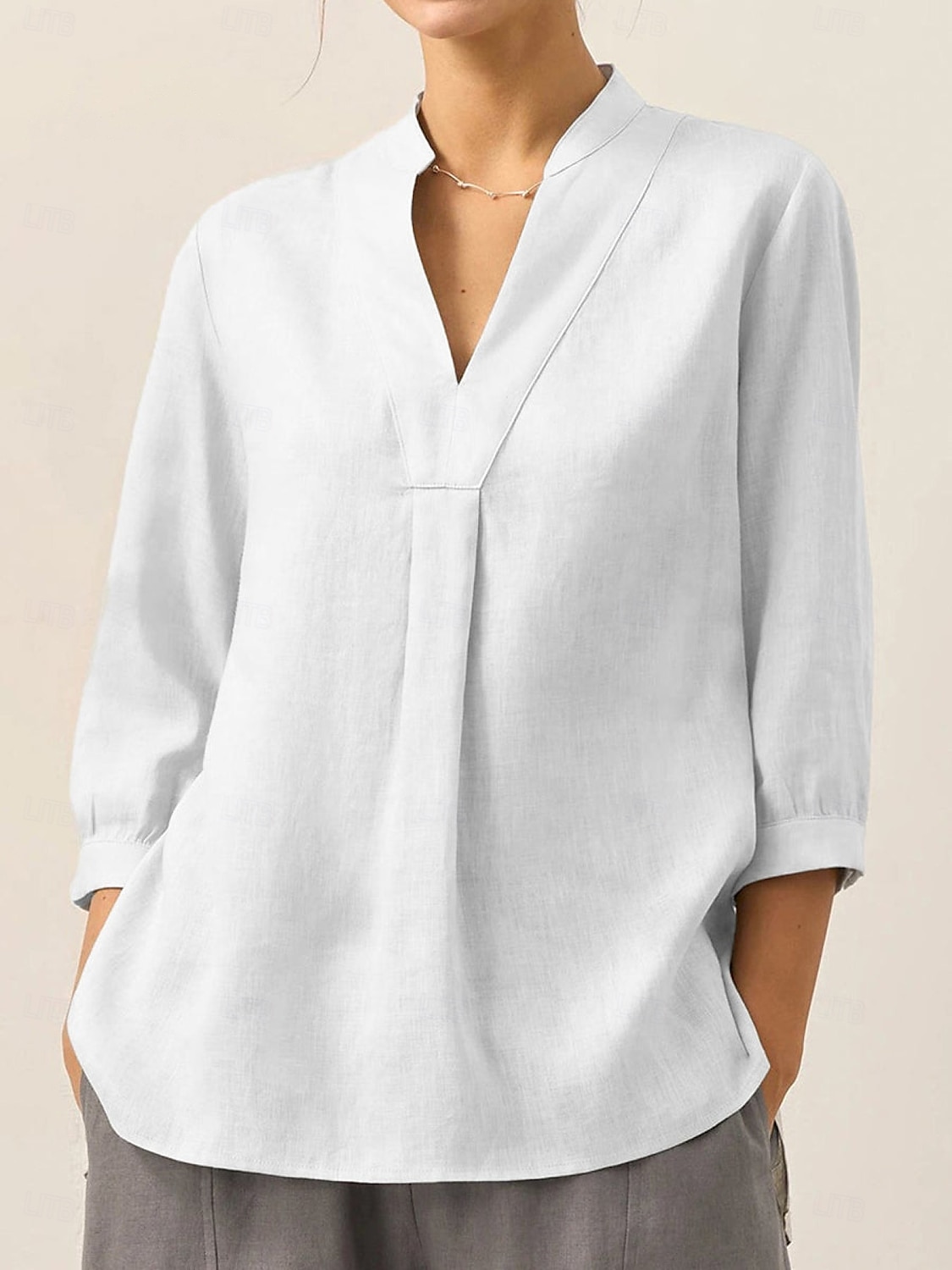 Dame Bluse Helfarge Elegant Fritid Langermet V-hals Vanlige topper Daglig Ferie Knapper Hvit Rosa Blå Kakifarget Vår Høst 2025 - $26.99 –P8