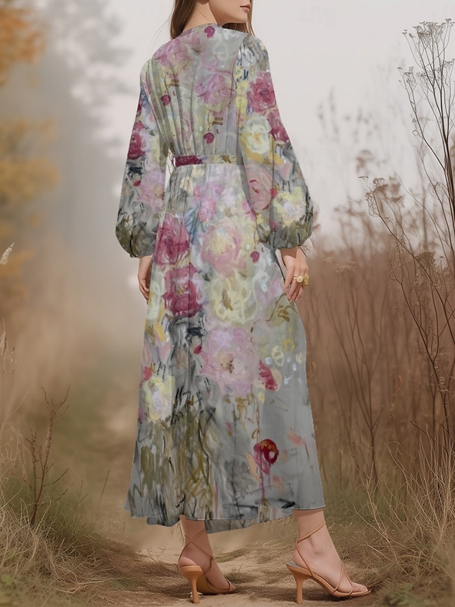 Női Midi ruha hétköznapi ruha Sifon Swing ruha Modern Vakáció Napi Hétvége Normál Virágos Hosszú ujj V-alakú Medence Sötétzöld Bíbor Lóhere Nyár Tavasz Ősz 2025 - $31.99 –P4