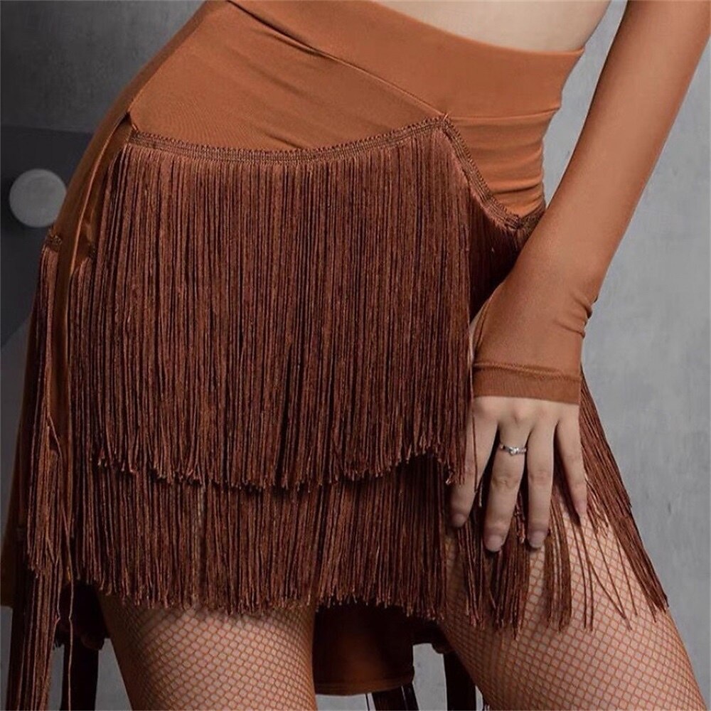 Minifalda negra con flecos y pantalones cortos para mujer, elástica, para rave, discoteca, baile latino, salsa 2025 - $35.99 –P7