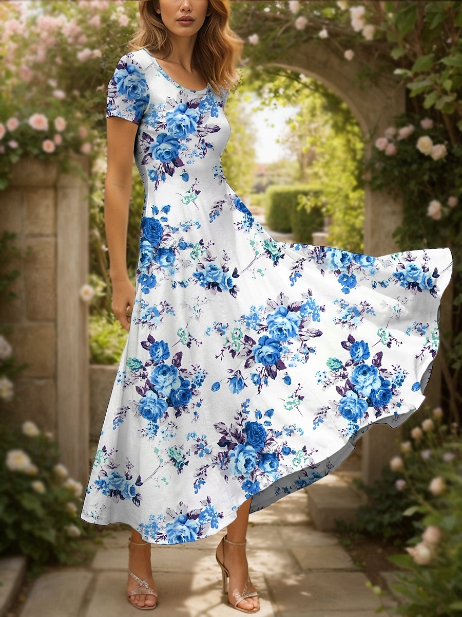 Damen Maxikleid Strickkleid Freizeitkleid A Linie Kleid Sommerkleid Elegant Urlaub Lässig Normale Passform Blumen Grafik Kurzarm Quadrathals Rundausschnitt Schwarz Gelb Rote Blau Sommer Frühling 2025 - $31.99 –P6