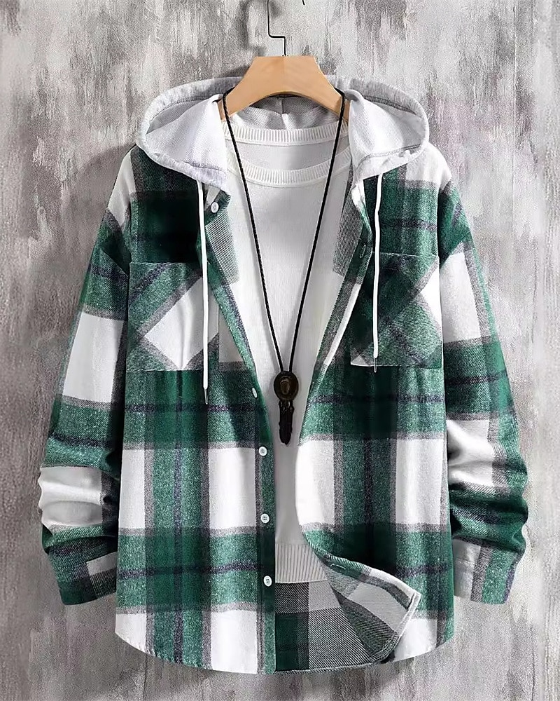 Voor heren Lichtgewicht jack Overhemdjack Vrijetijdsjas shacket Vakantie Dagelijks Ademend Zak Lente Herfst Ruitjes Modieus Klassiek Capuchon Normaal Wijn Rood blauw Groen Jacks 2025 - $27.99 –P2